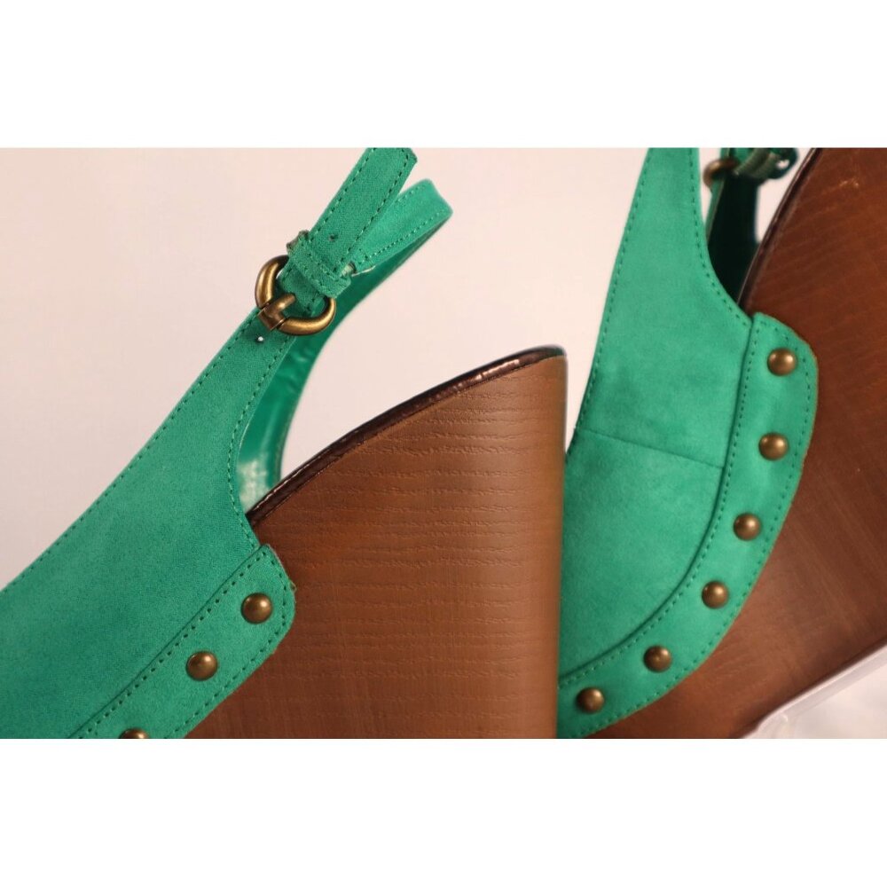 Bomlel Green Suede Wedge Sandals with Studded Accents‎ & Wooden Heel Size 8 - Picture 6 of 10
